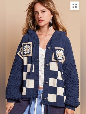 POL Chenille Sweater Jacket Shacket with Puff Sleeves Hood Large